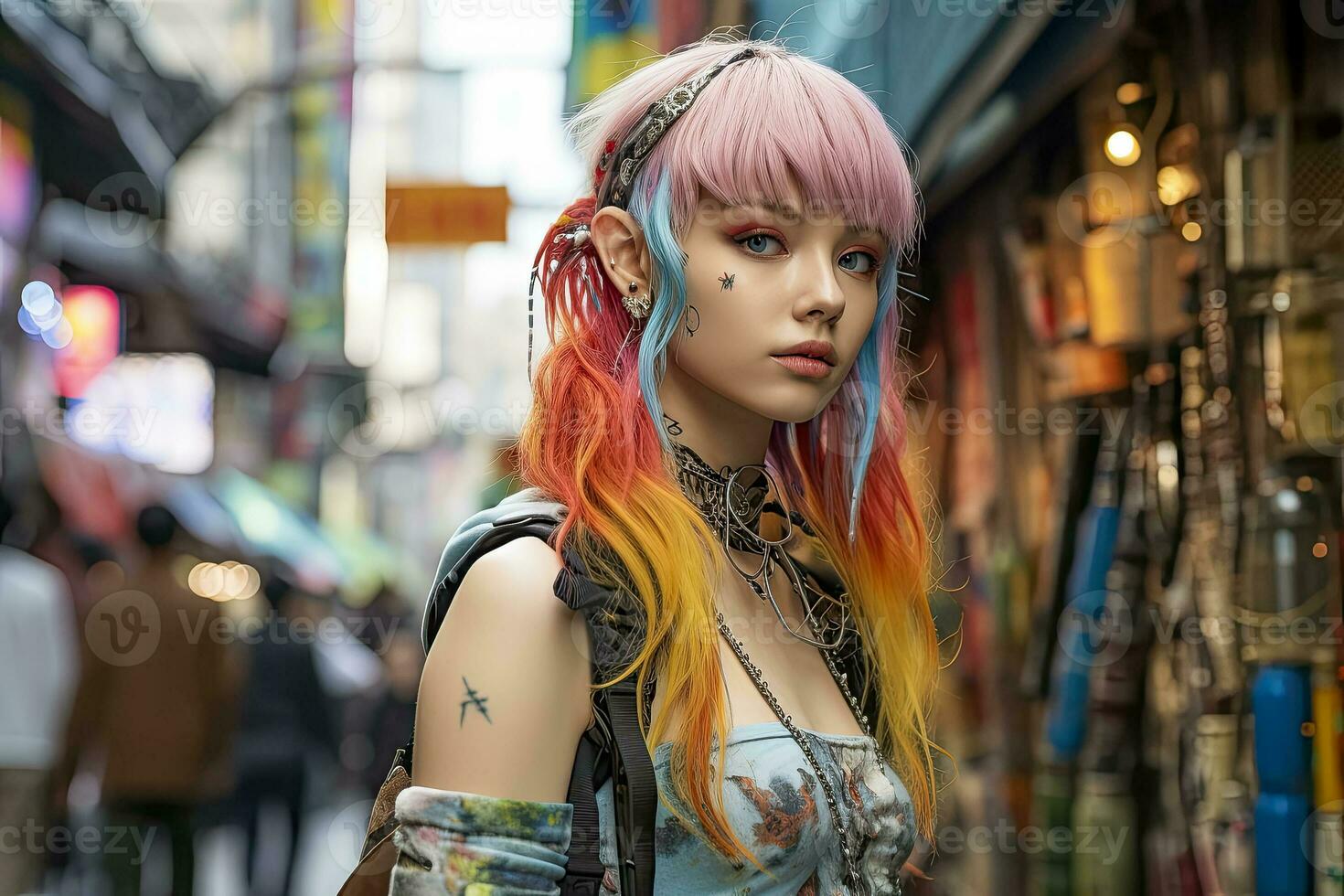 uma jovem mulher viajante vagueia Takehita rua dentro harajuku Tóquio vibrante cubo do juventude moda e cosplay foto