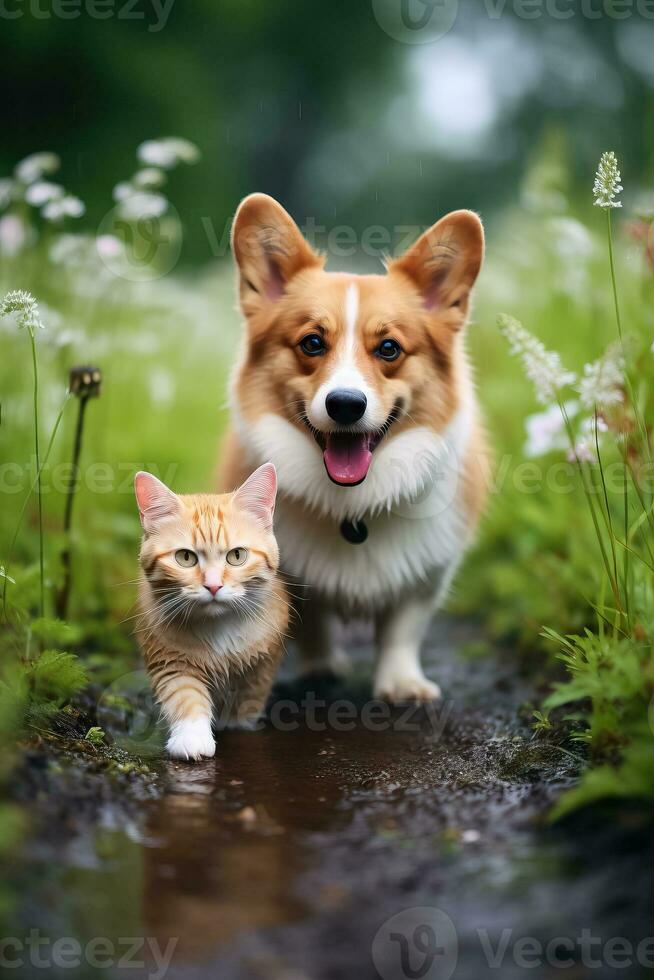 peludo amigos uma vermelho gato e uma corgi cachorro andar dentro uma verão Prado em meio a caloroso pingos de chuva foto