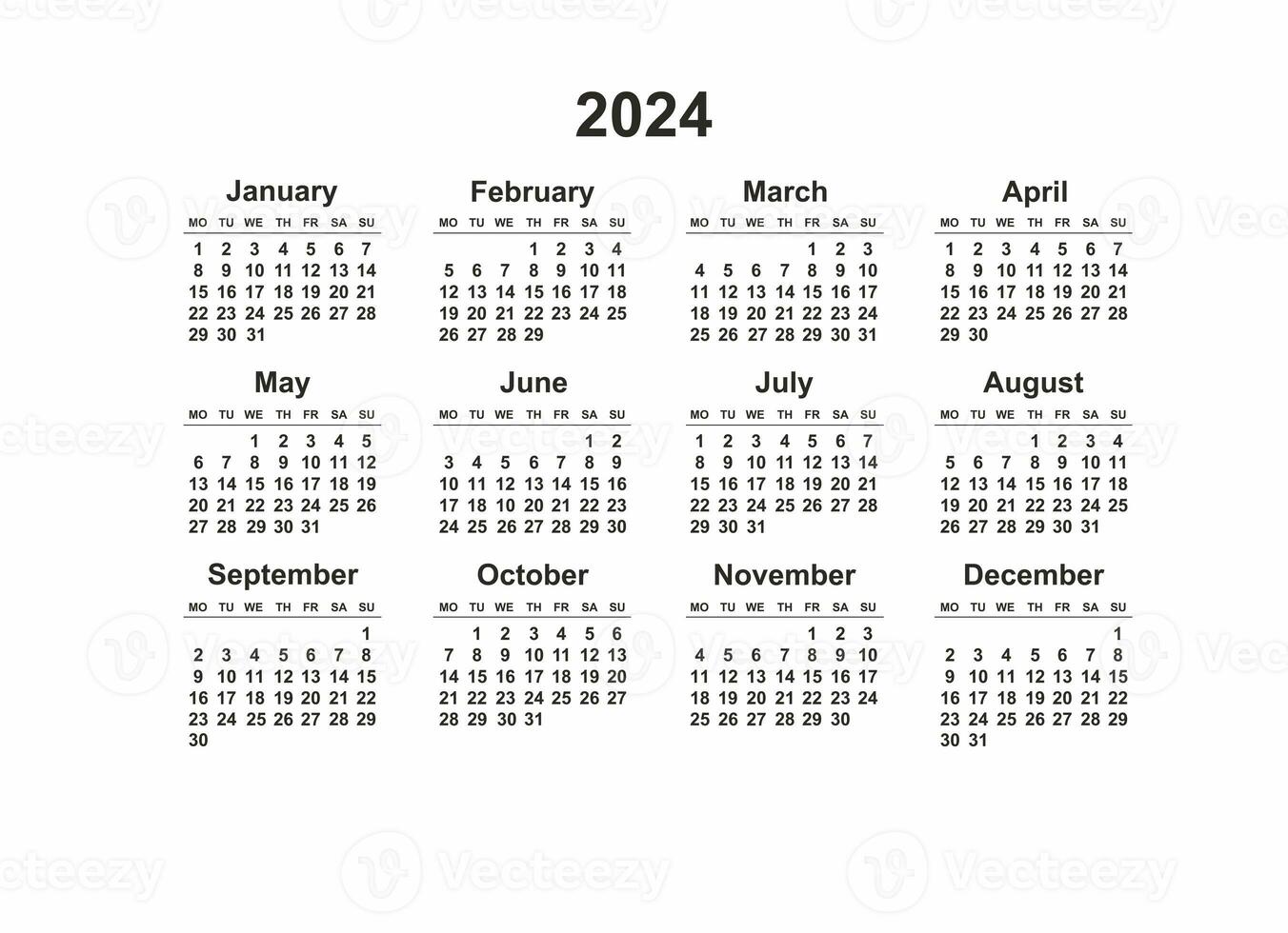 2024 Segunda-feira começar horizontal Preto e branco calendário modelo, simples disposição do bolso ou parede calendários. anual papelaria organizador dentro mínimo Projeto foto