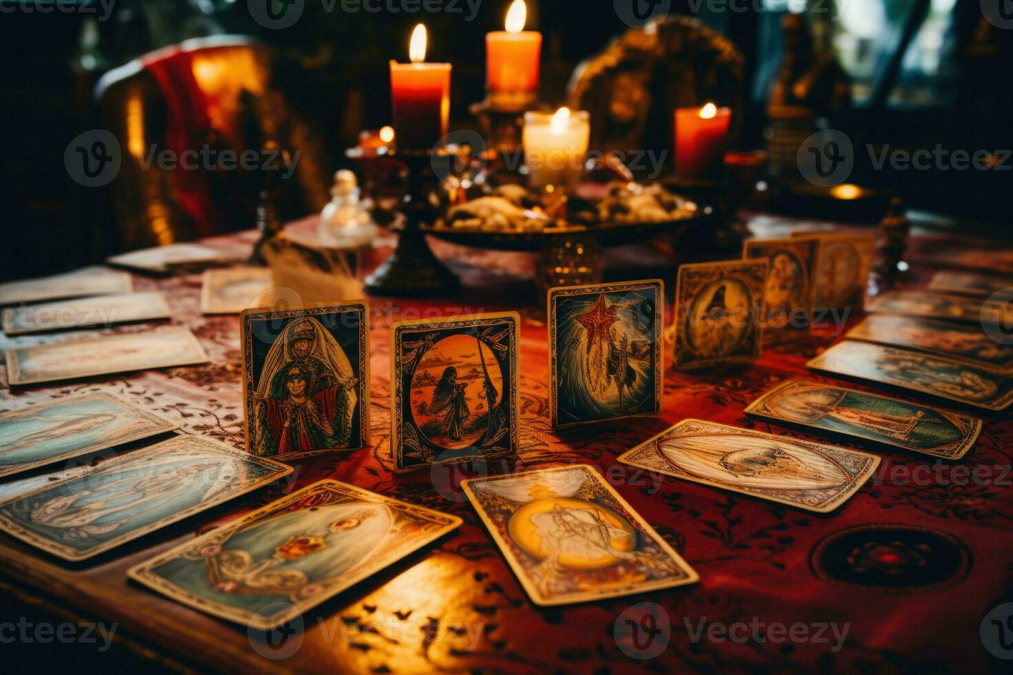 tarot cartões em de madeira mesa. fortuna dizendo e lendo futuro. generativo ai foto