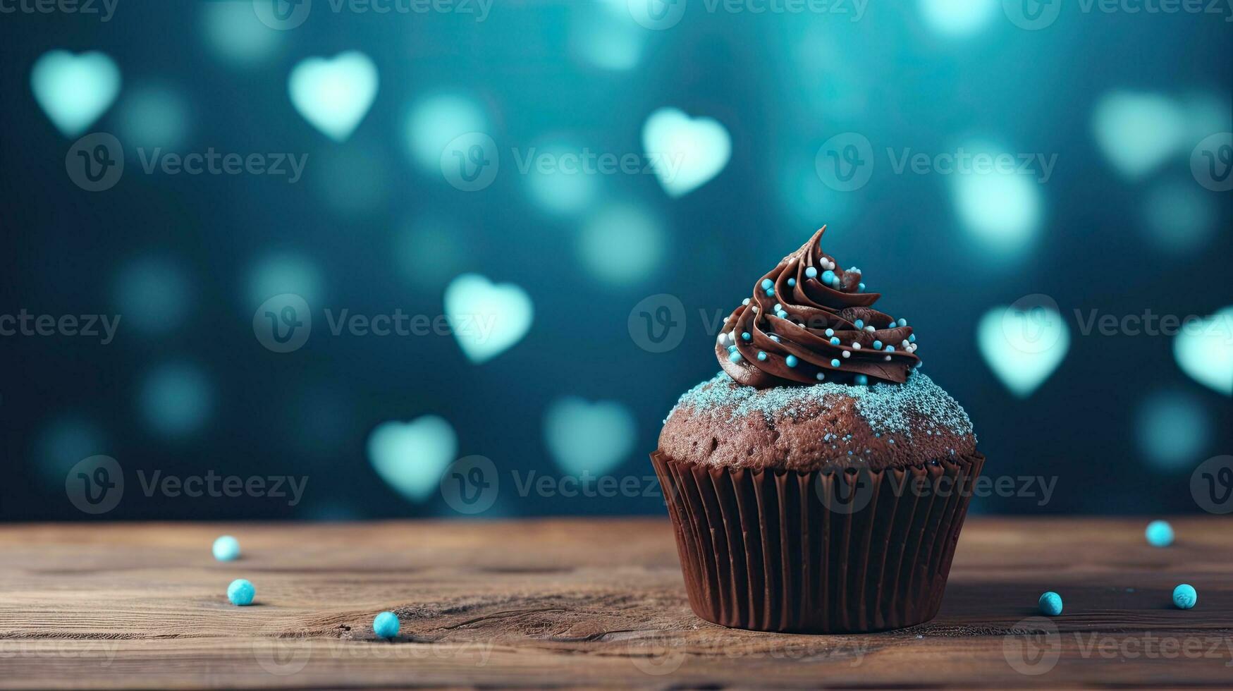 chocolate Bolinho em de madeira mesa com corações bokeh fundo foto