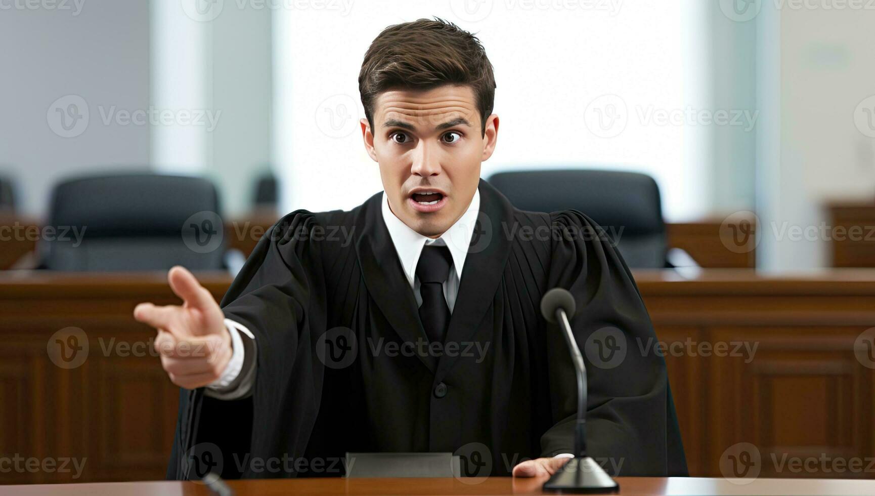 jovem juiz dentro uma sala de audiências ou lei execução escritório, segurando uma microfone e gesticulando foto