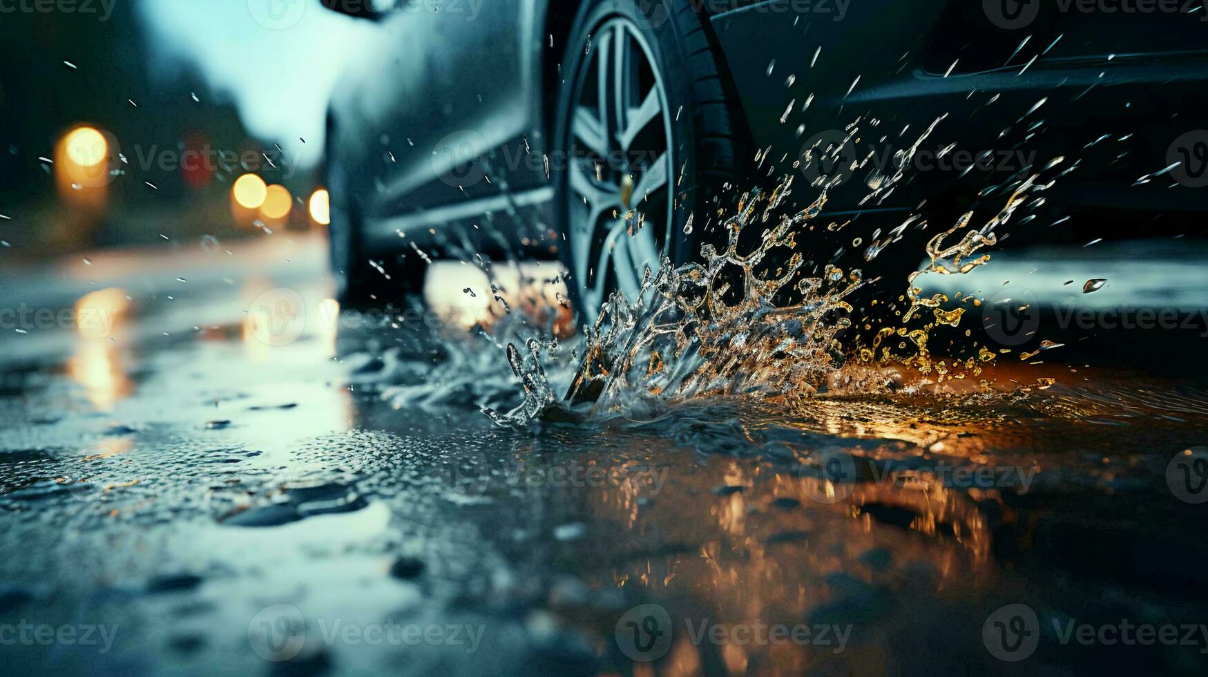 lado Visão do uma carro roda em molhado calçada durante chuva às pôr do sol dentro a cidade foto