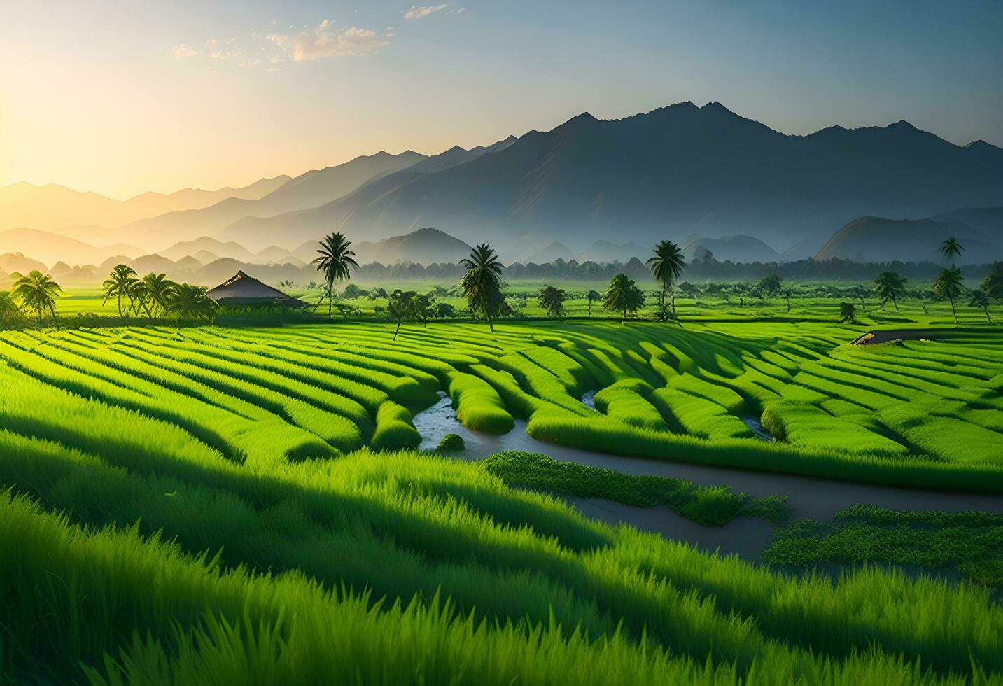 verde arroz campo panorama e pôr do sol. ai gerado foto