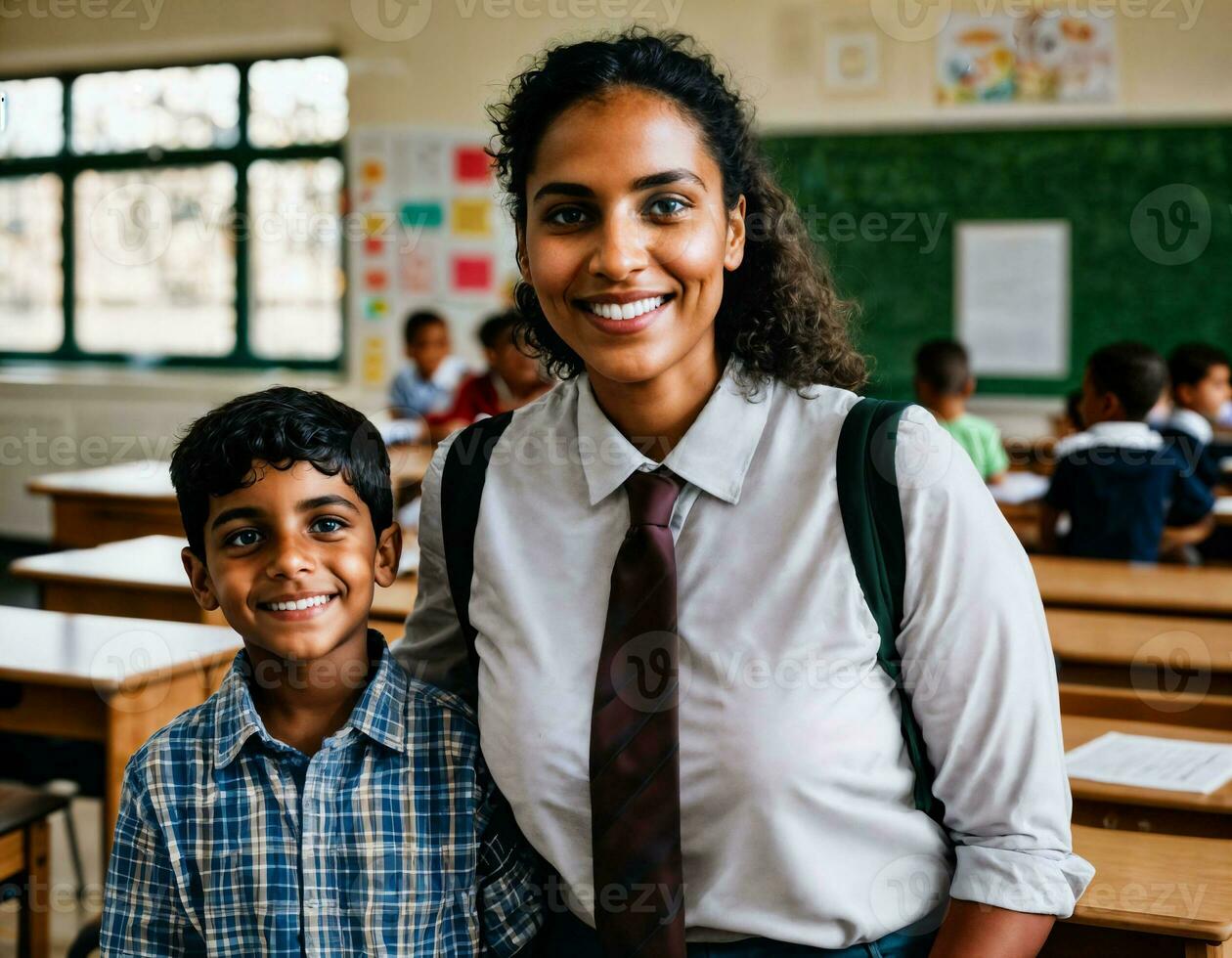 foto do feliz professor e crianças às escola sala, generativo ai