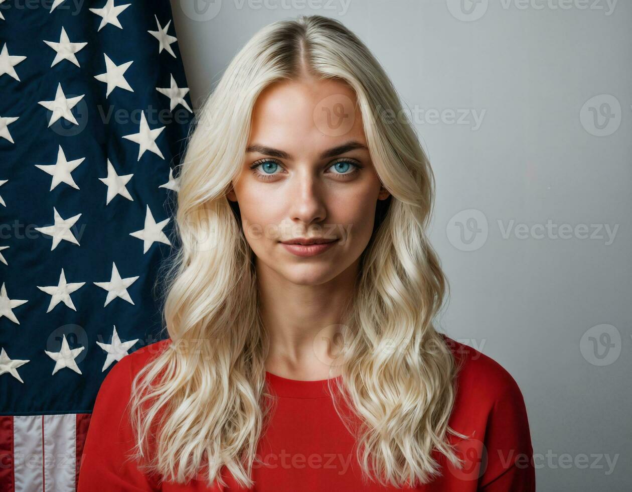 foto do lindo mulher com EUA bandeira fundo, generativo ai