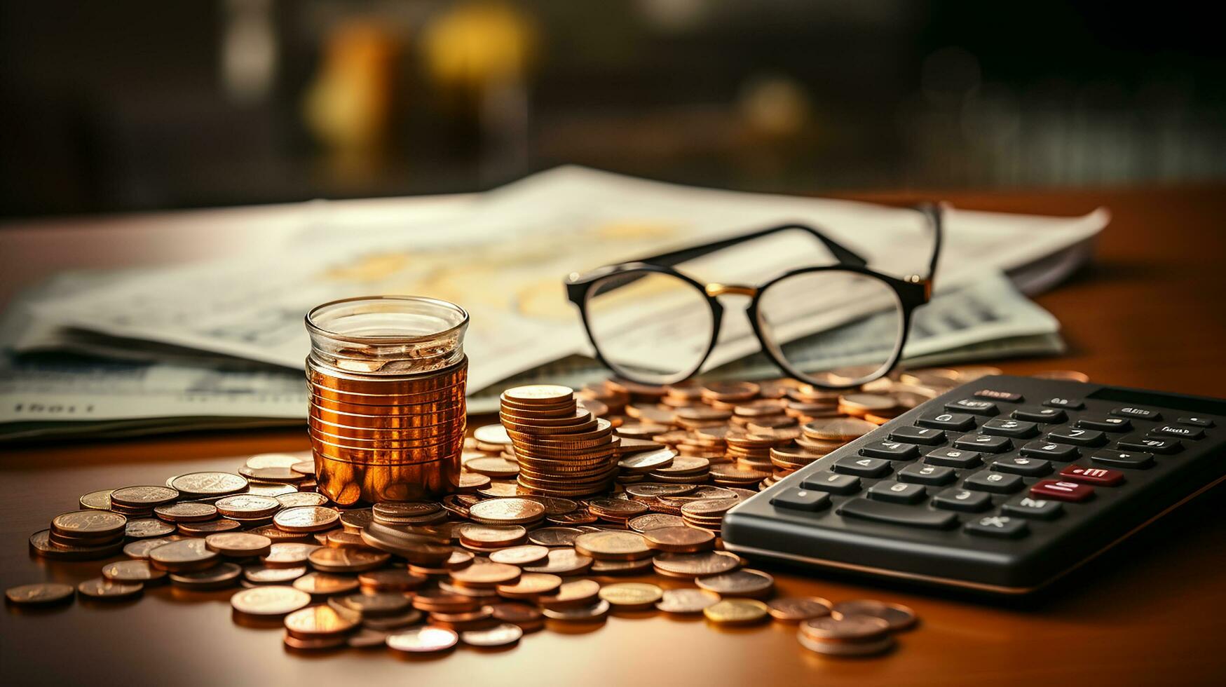 foto-realista do calculadora, dinheiro e papel com gráfico gráfico em mesa ai generativo foto