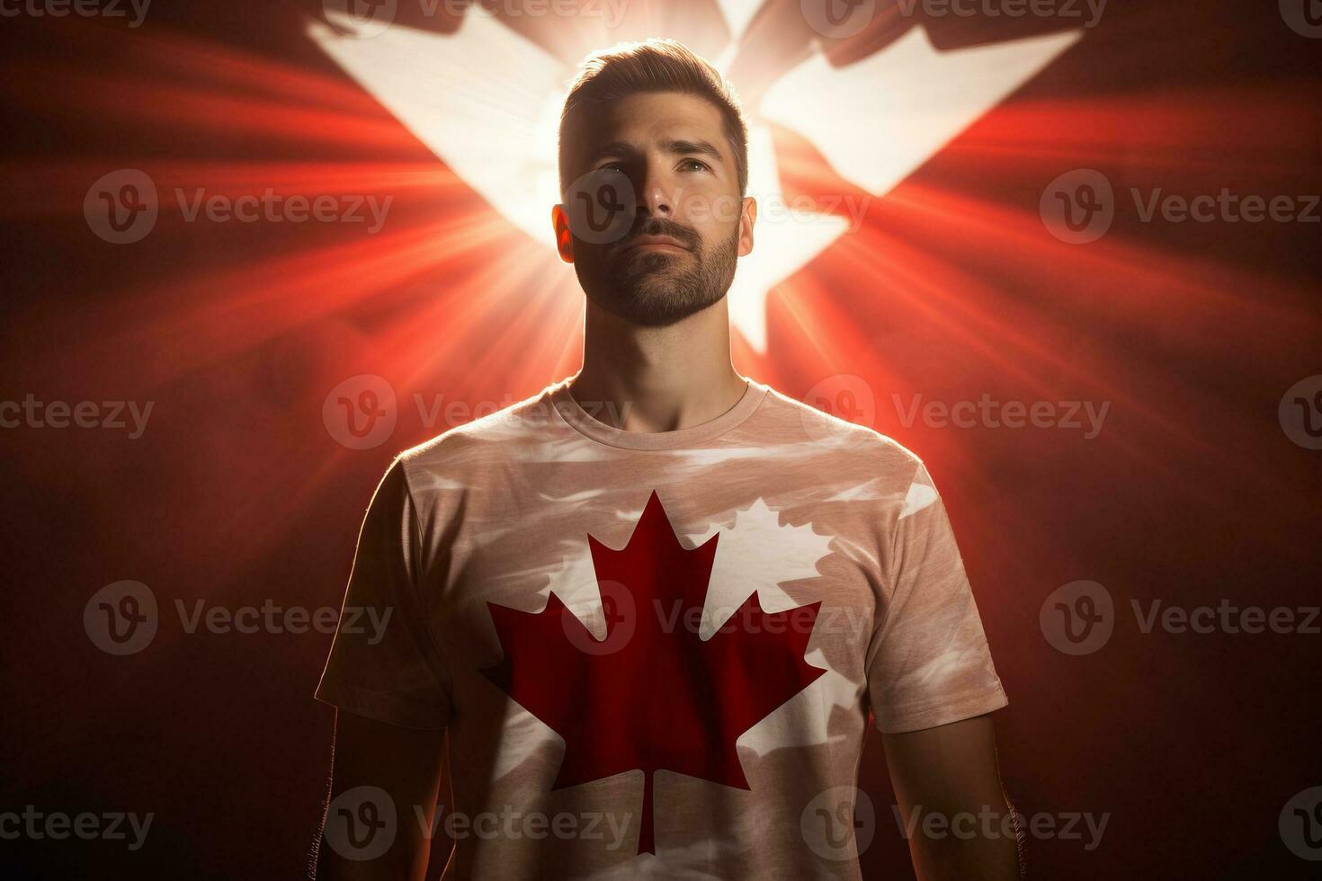 uma homem vestindo uma tee camisa com uma canadense bandeira em isto. ai gerado foto