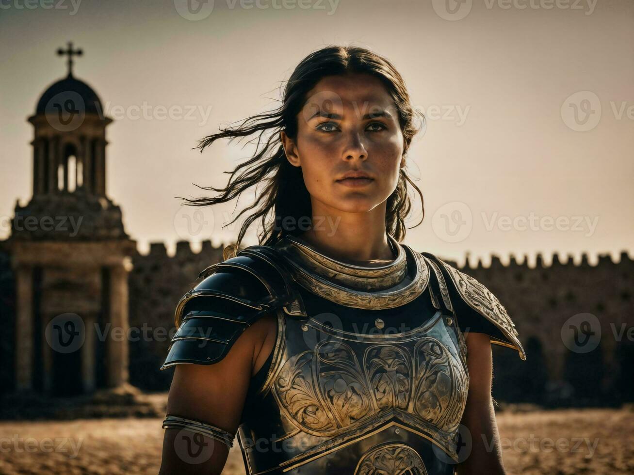 foto do Forte antigo jovem fêmea Guerreiro com romano armaduras manchado, generativo ai