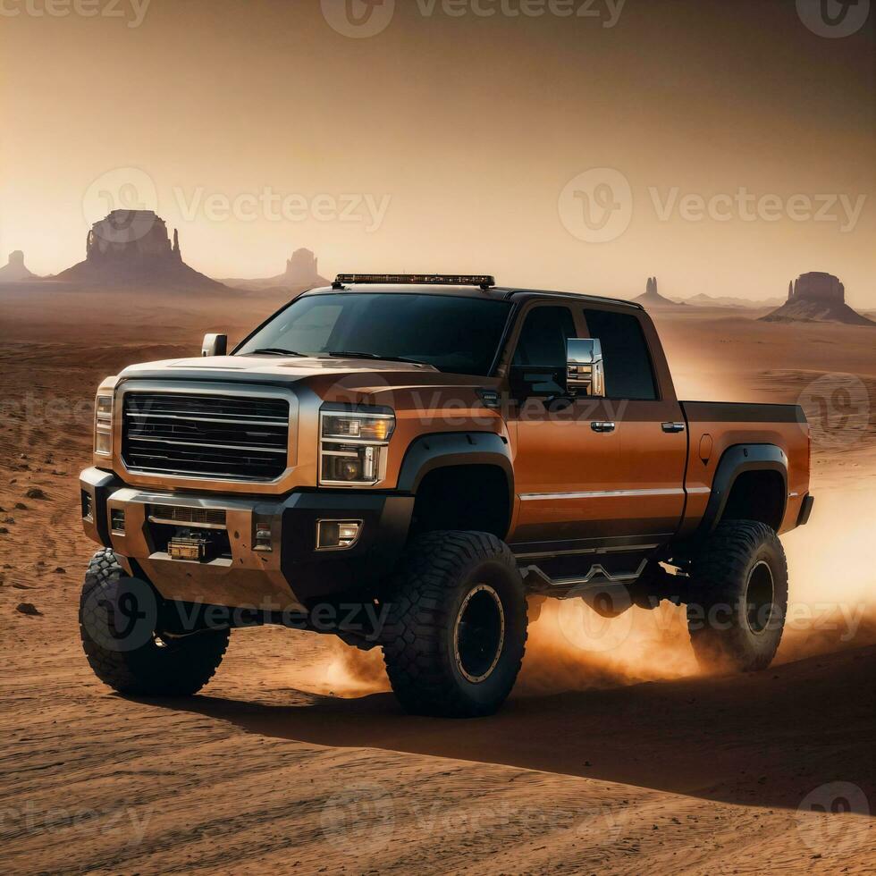 foto do caminhão dentro quente areia deserto, generativo ai