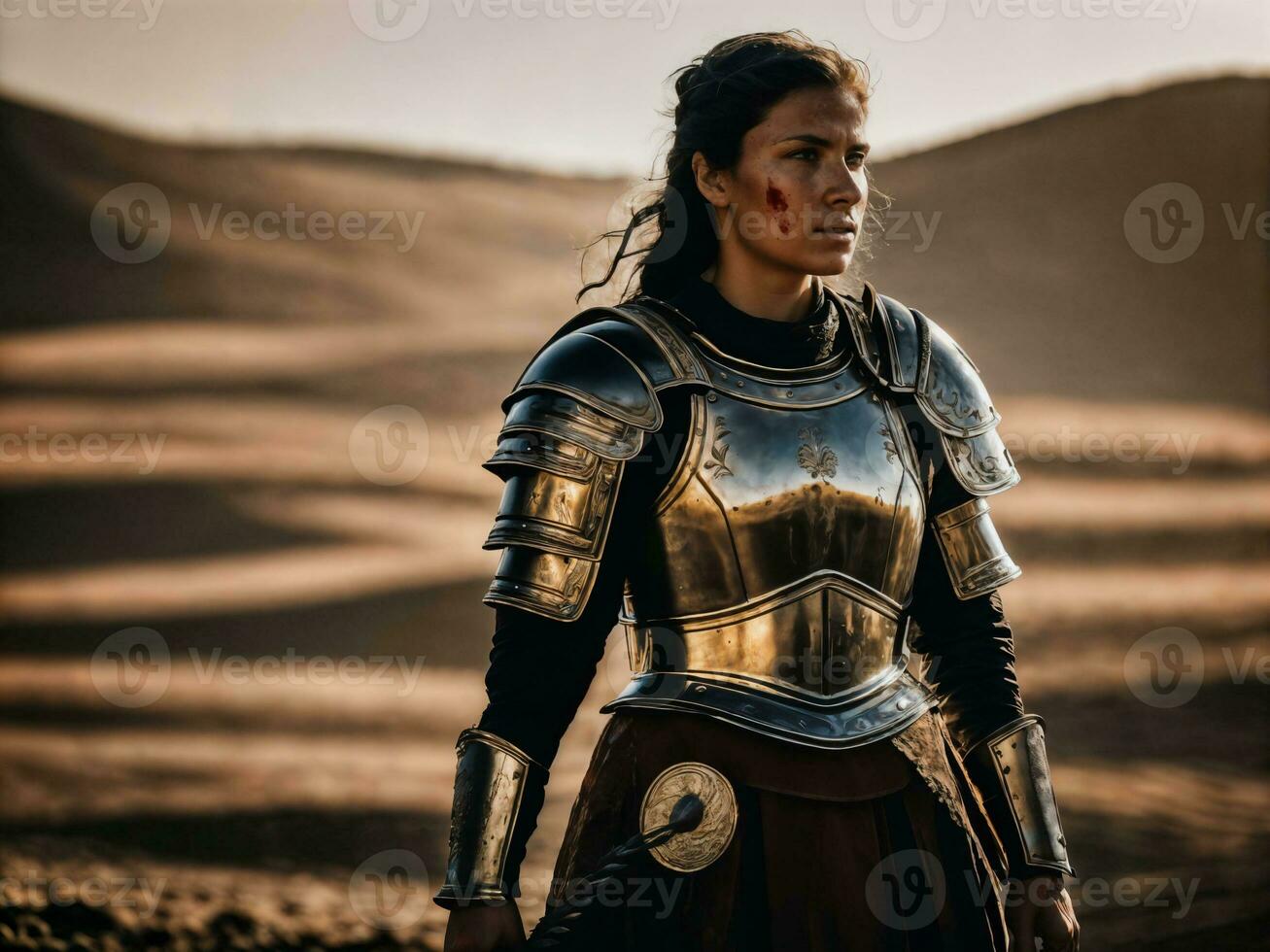 foto do Forte antigo jovem fêmea Guerreiro com romano armaduras manchado, generativo ai