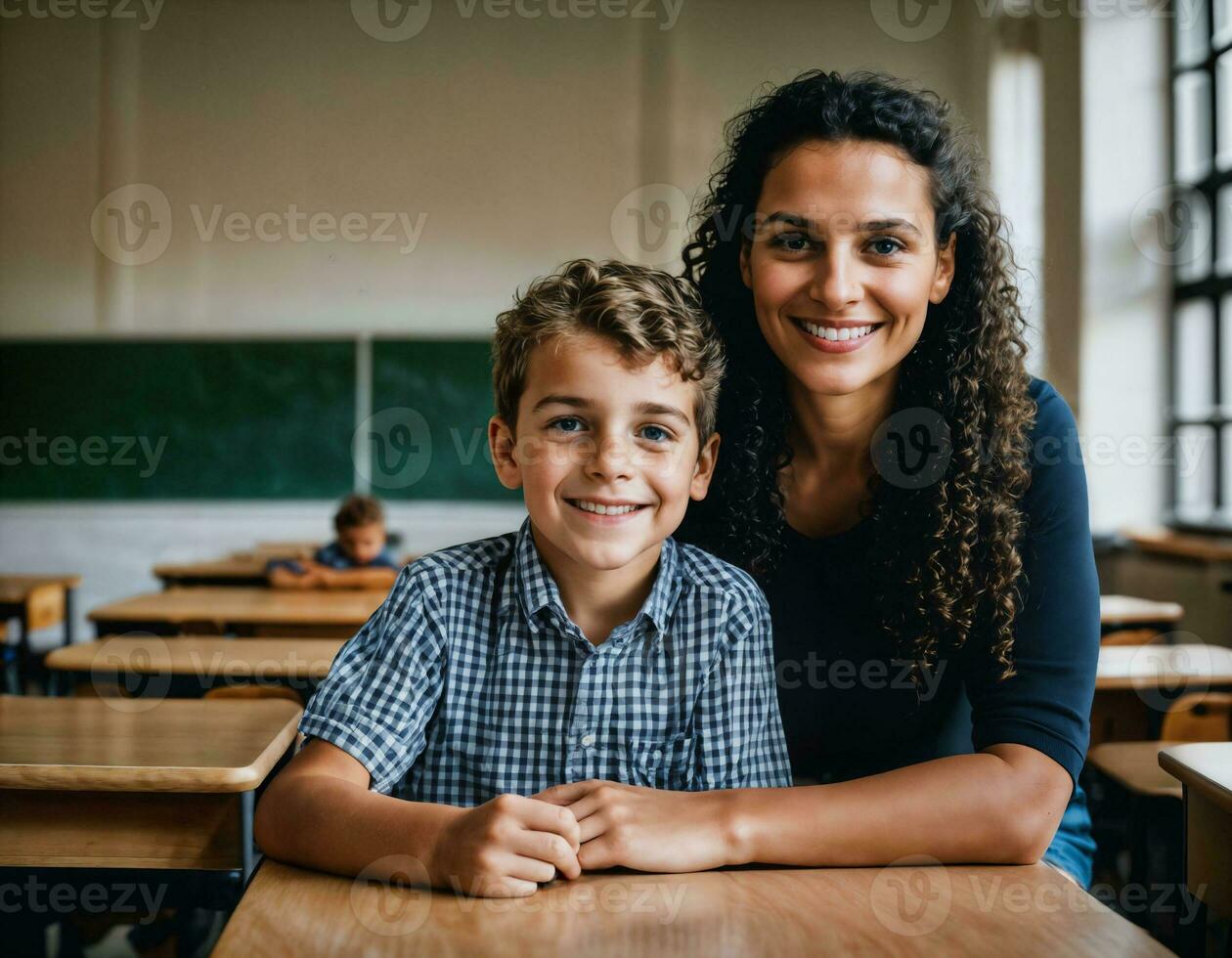 foto do feliz professor e crianças às escola sala, generativo ai