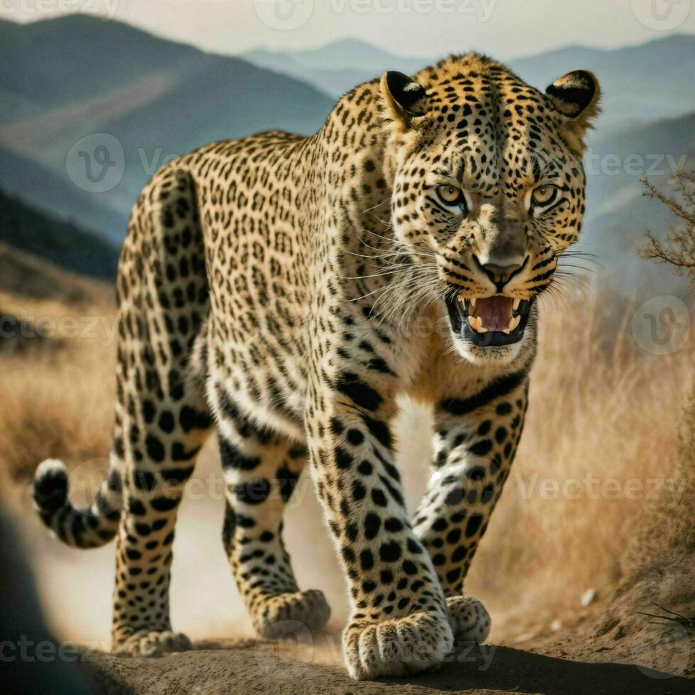 foto do grande leopardo corrida dentro a floresta, generativo ai