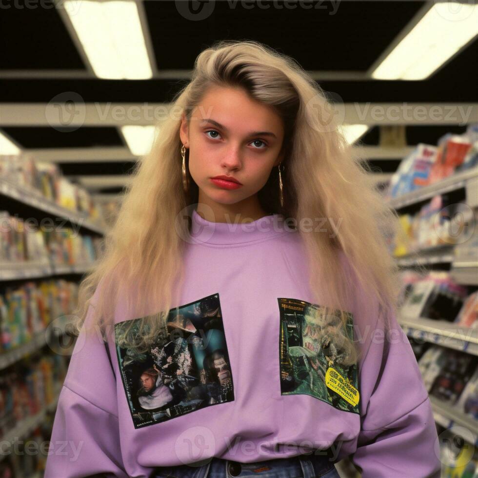 generativo ai, adolescente retrato dentro estilo anos 90 ou anos 80, retro moda, vintage cores foto