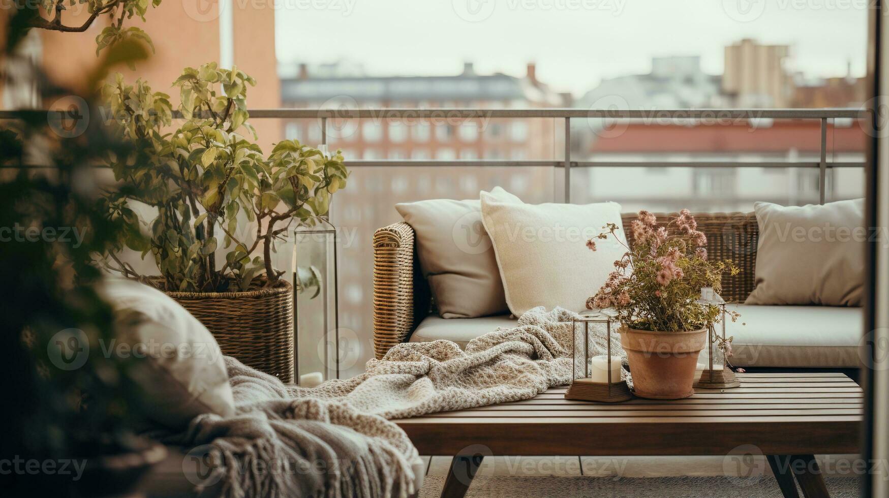 generativo ai, acolhedor sacada dentro silenciado neutro cores com cobertor, cadeira e velas. suave sofás e cadeiras para relaxar, boêmio Ideias foto