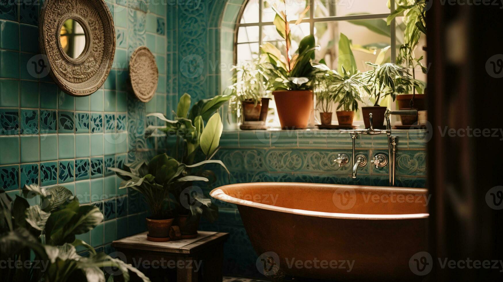 generativo ai, retro boho hotel banheiro, porto rico estilo. brilhante cores e plantas foto