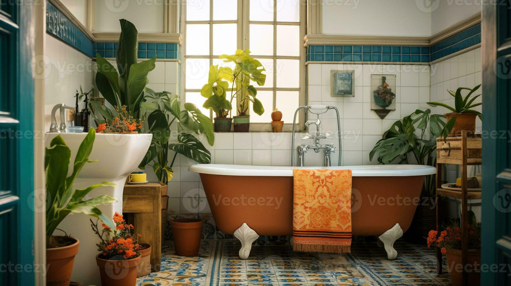 generativo ai, retro boho hotel banheiro, porto rico estilo. brilhante cores e plantas foto