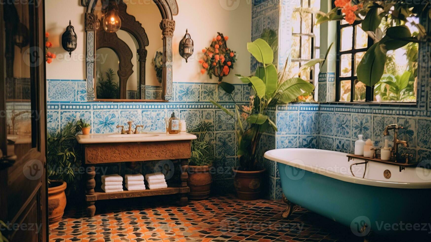 generativo ai, retro boho hotel banheiro, porto rico estilo. brilhante cores e plantas foto