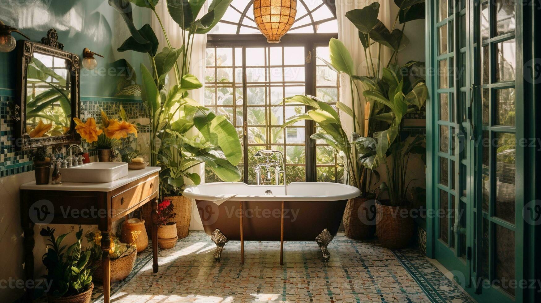 generativo ai, retro boho hotel banheiro, porto rico estilo. brilhante cores e plantas foto