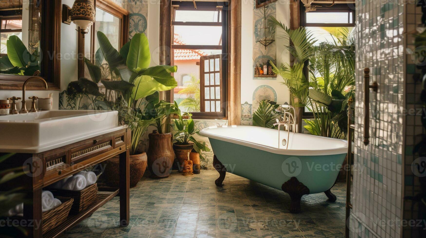 generativo ai, retro boho hotel banheiro, porto rico estilo. brilhante cores e plantas foto