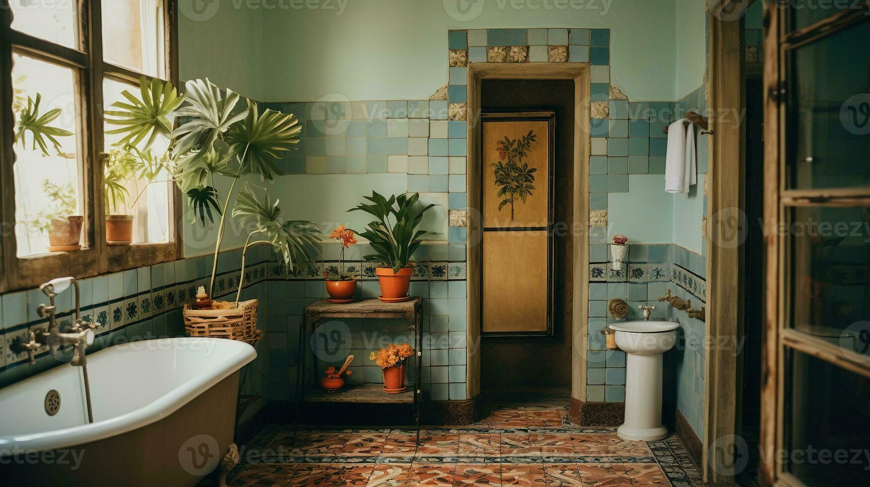 generativo ai, retro boho hotel banheiro, porto rico estilo. brilhante cores e plantas foto