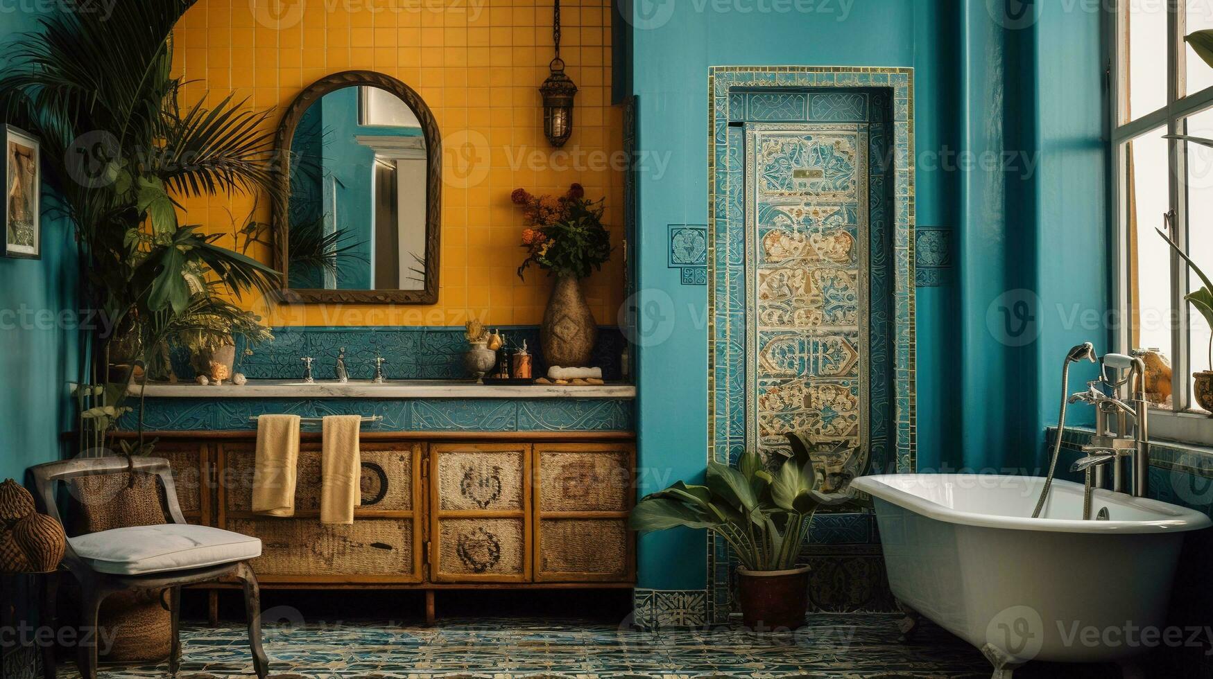 generativo ai, retro boho hotel banheiro, porto rico estilo. brilhante cores e plantas foto