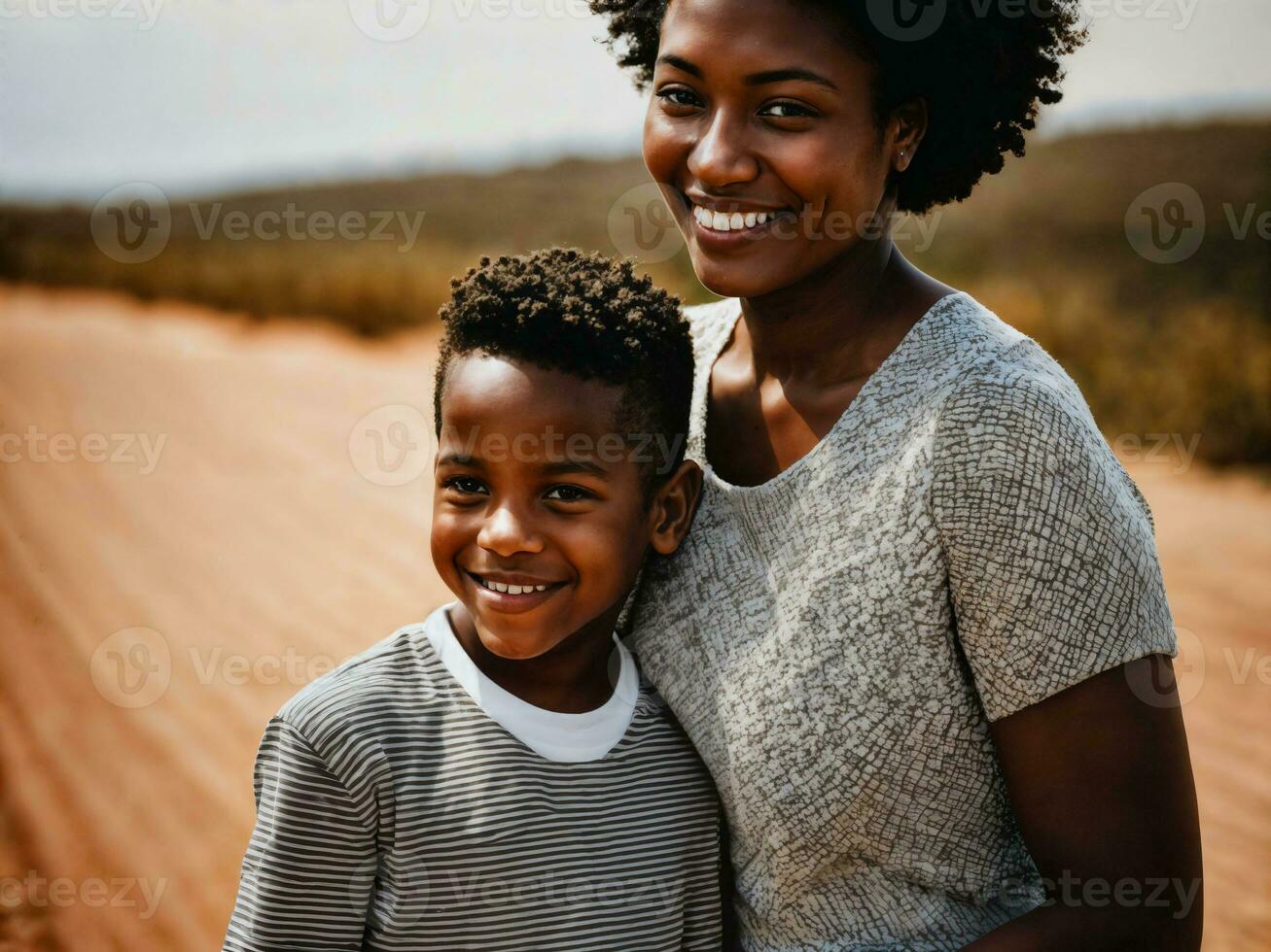 foto do feliz família Preto mãe e filho, generativo ai