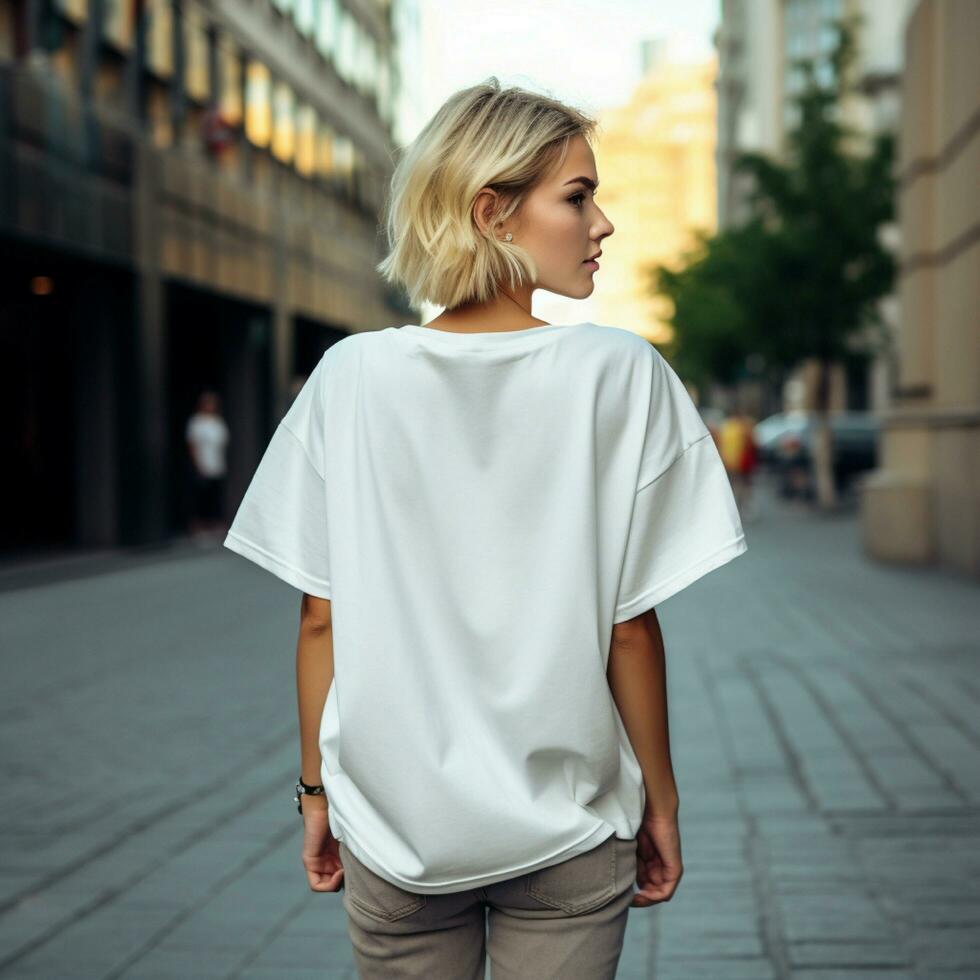 ai gerado menina modelo vestindo em branco branco grande demais t - camisa. la rua. costas visualizar. moderno estilo foto