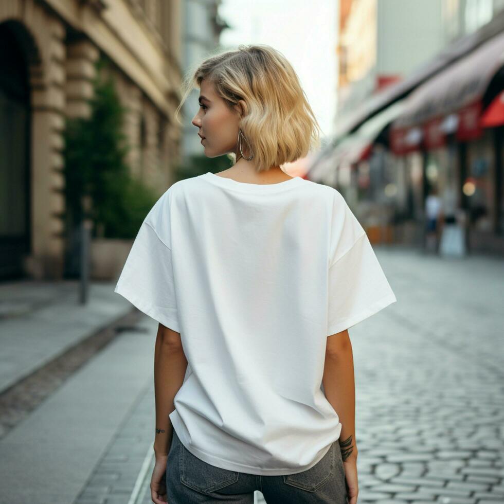 ai gerado menina modelo vestindo em branco branco grande demais t - camisa. la rua. costas visualizar. moderno estilo foto