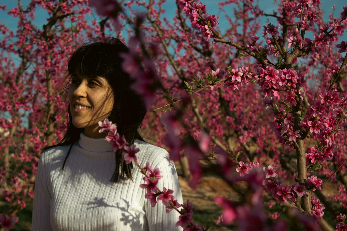 mulher entre a bonita Rosa pêssego árvore flores foto