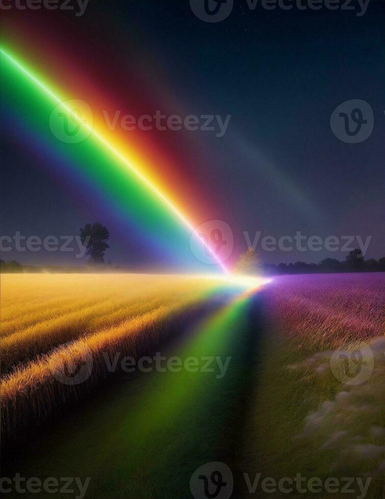 uma à risca do arco Iris luz dentro uma milho campo às noite ilustração foto