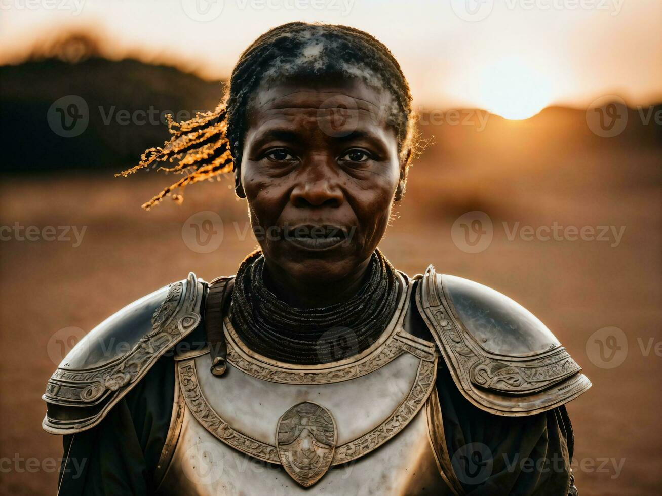 foto do Forte antigo Senior Preto fêmea Guerreiro com romano armaduras manchado, generativo ai