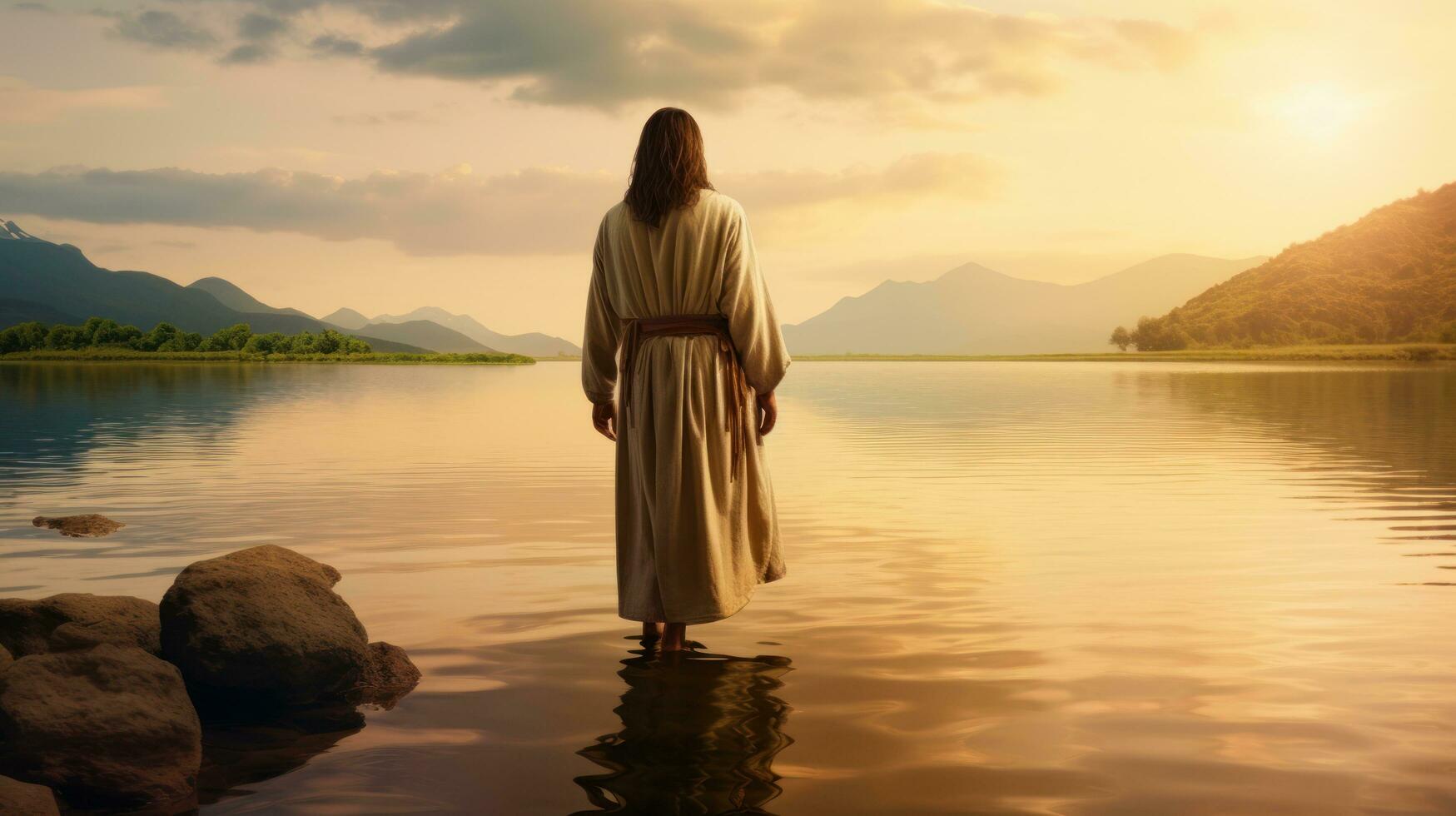 Jesus caminhando em direção a uma canoa dentro a lago foto