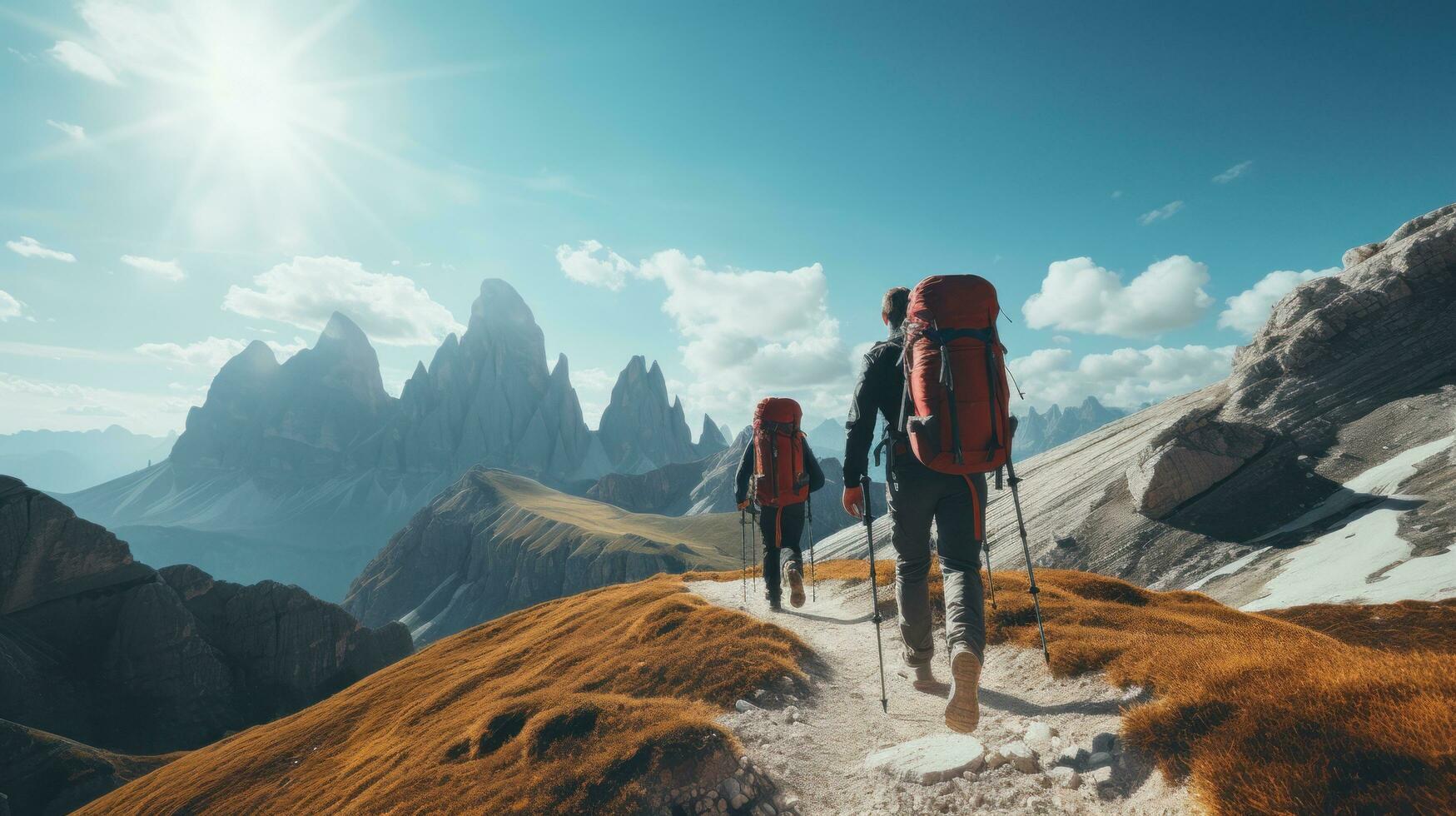 caminhada dentro a dolomites com mochilas em a trilha foto