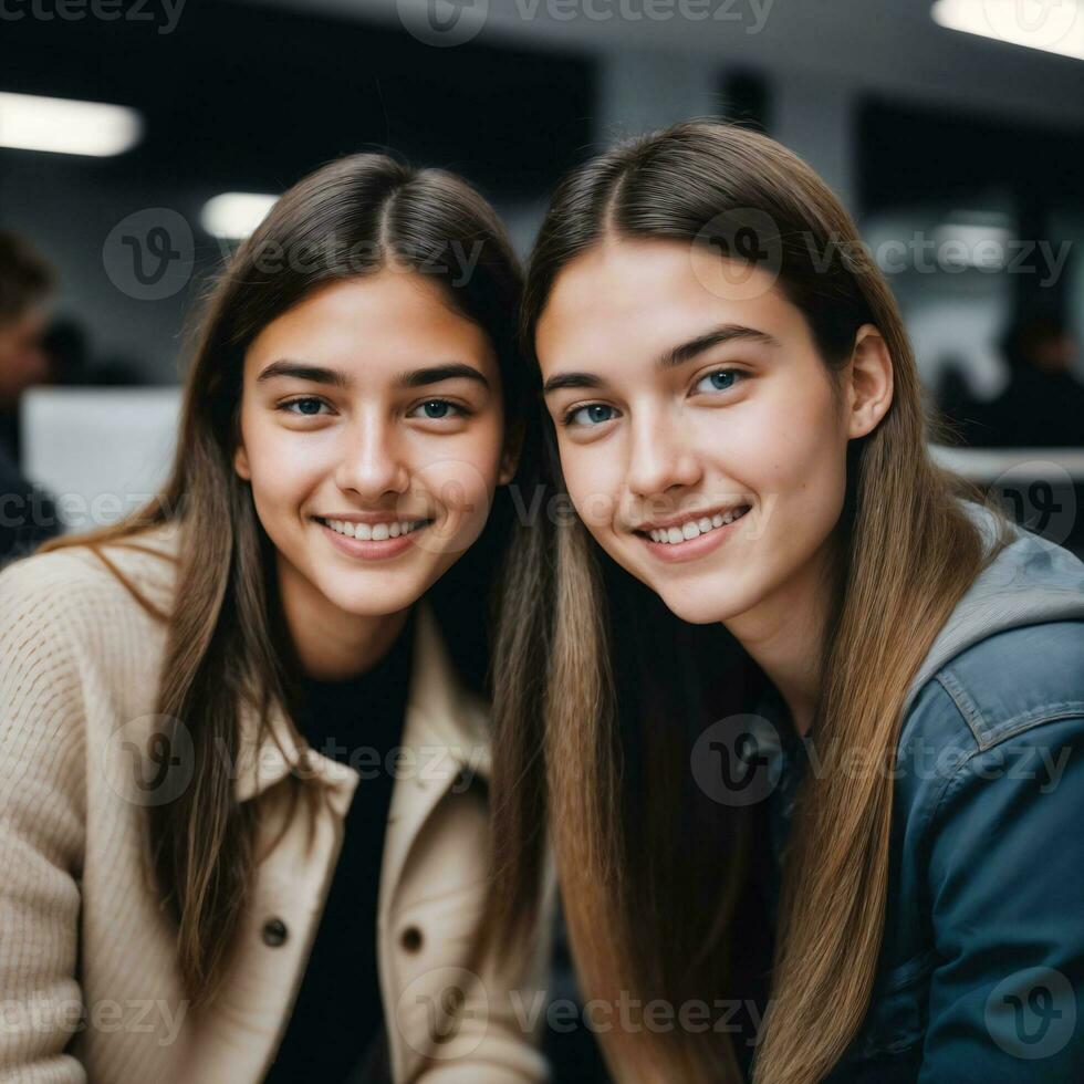 casal do feliz jovem Adolescência às a trabalhando escritório espaço, generativo ai foto