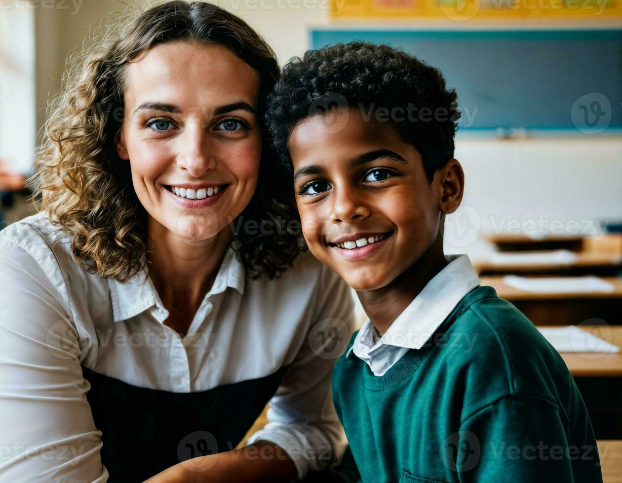 foto do feliz professor e crianças às escola sala, generativo ai