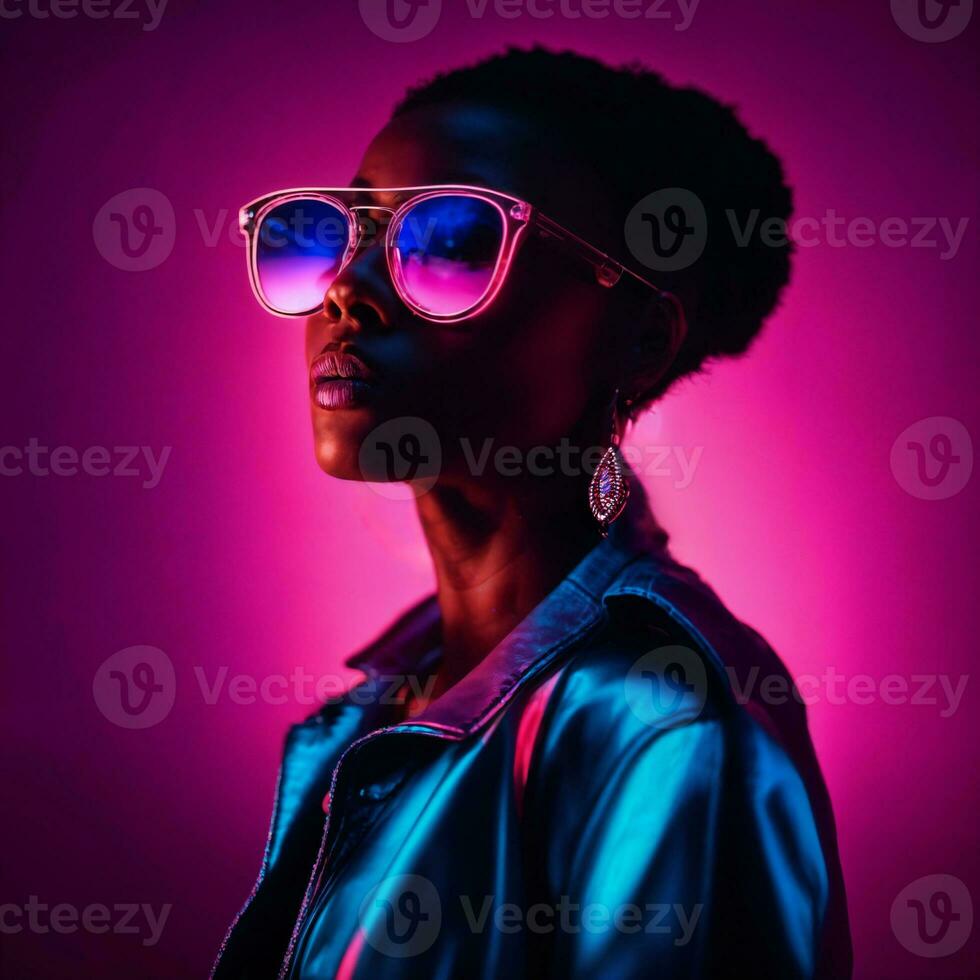 foto do lindo africano mulher com com misturado Rosa e azul néon luz, generativo ai