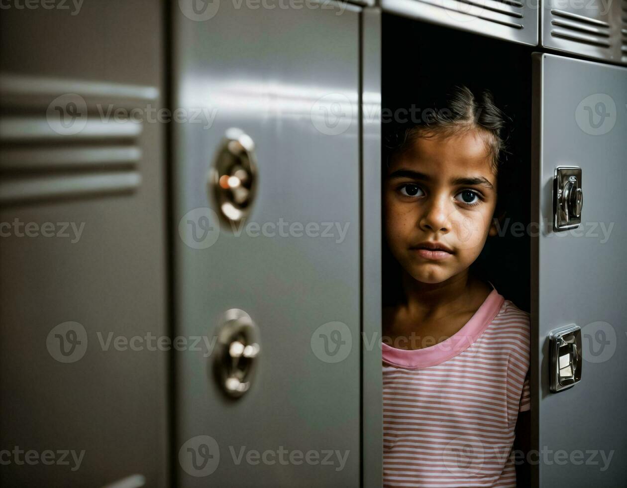 foto do assustador menina criança dentro armário sala, generativo ai