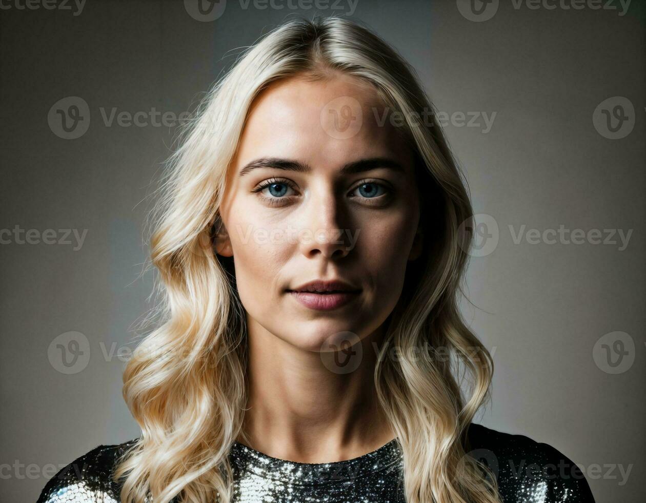 foto do fechar acima lindo europeu mulher com Loiras cabelo cor dentro Preto fundo, generativo ai