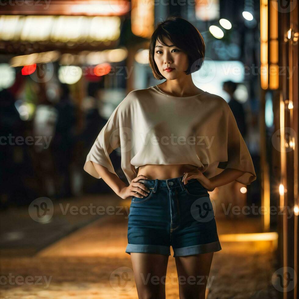 foto do lindo japonês ásia mulher com curto cabelo, generativo ai