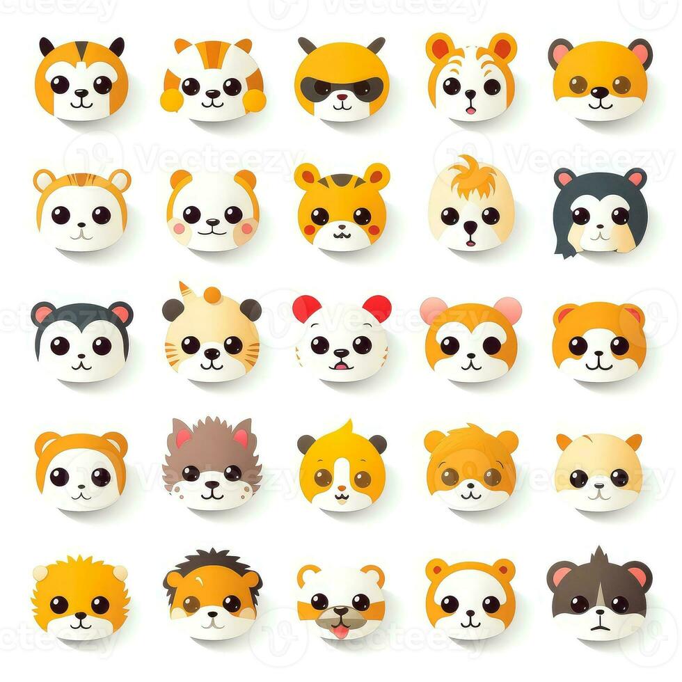 conjunto do animal rostos, face emojis, adesivos, emoticons, desenhos animados engraçado mascote personagens face definir, generativo ai ilustração foto