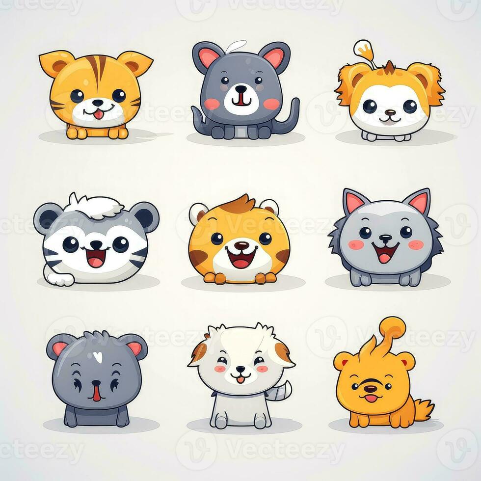 conjunto do animal rostos, face emojis, adesivos, emoticons, desenhos animados engraçado mascote personagens face definir, generativo ai ilustração foto