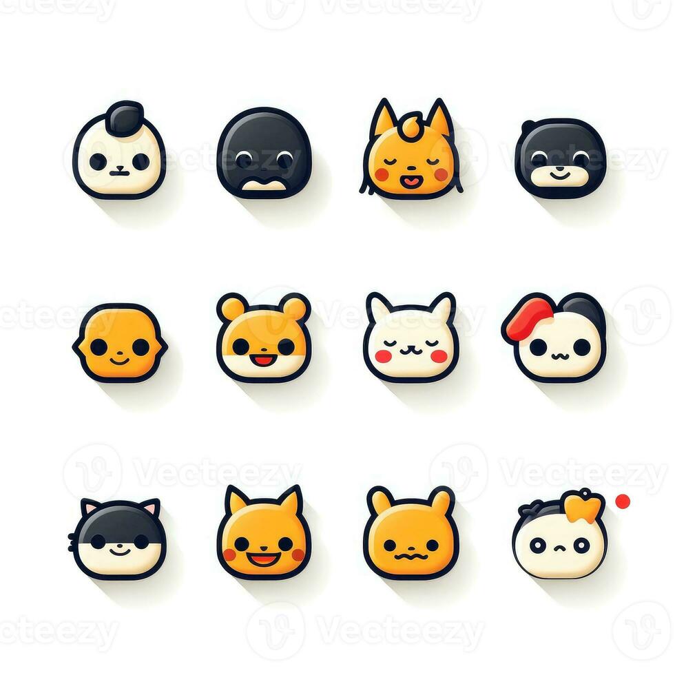 conjunto do animal rostos, face emojis, adesivos, emoticons, desenhos animados engraçado mascote personagens face definir, generativo ai ilustração foto