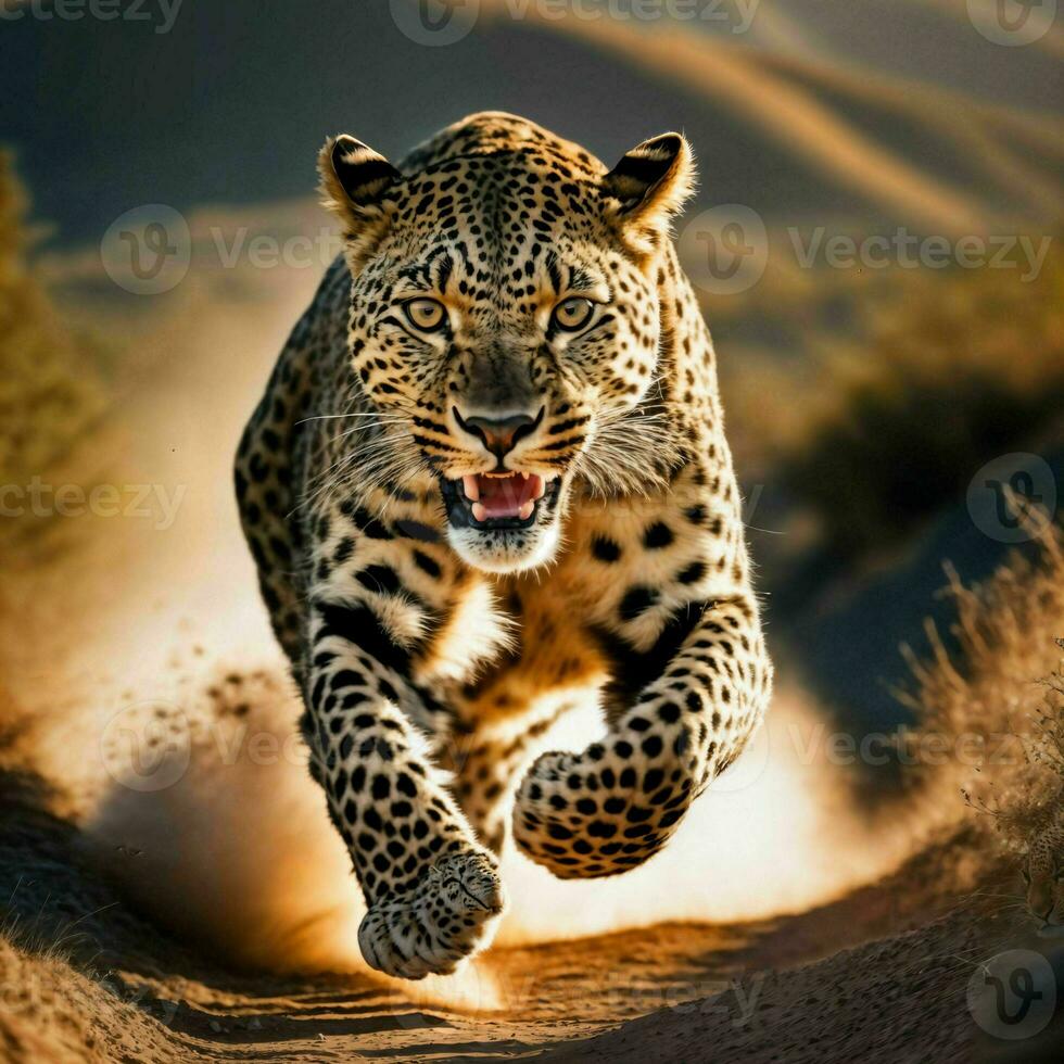 foto do grande leopardo corrida dentro a floresta, generativo ai