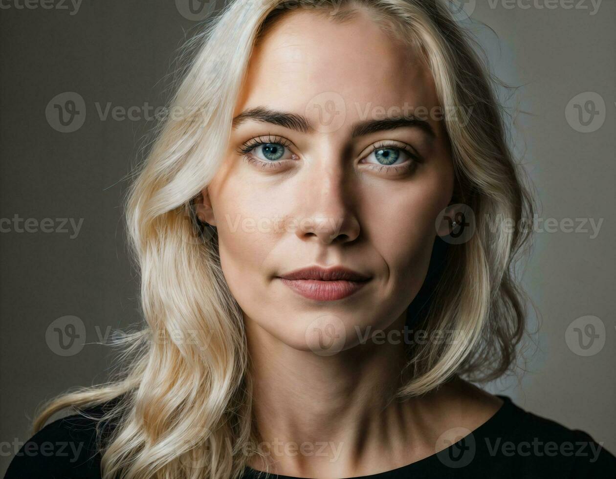 foto do fechar acima lindo europeu mulher com Loiras cabelo cor dentro Preto fundo, generativo ai