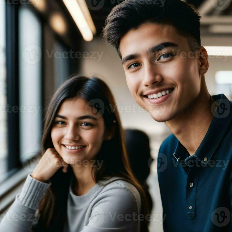 casal do feliz jovem Adolescência às a trabalhando escritório espaço, generativo ai foto