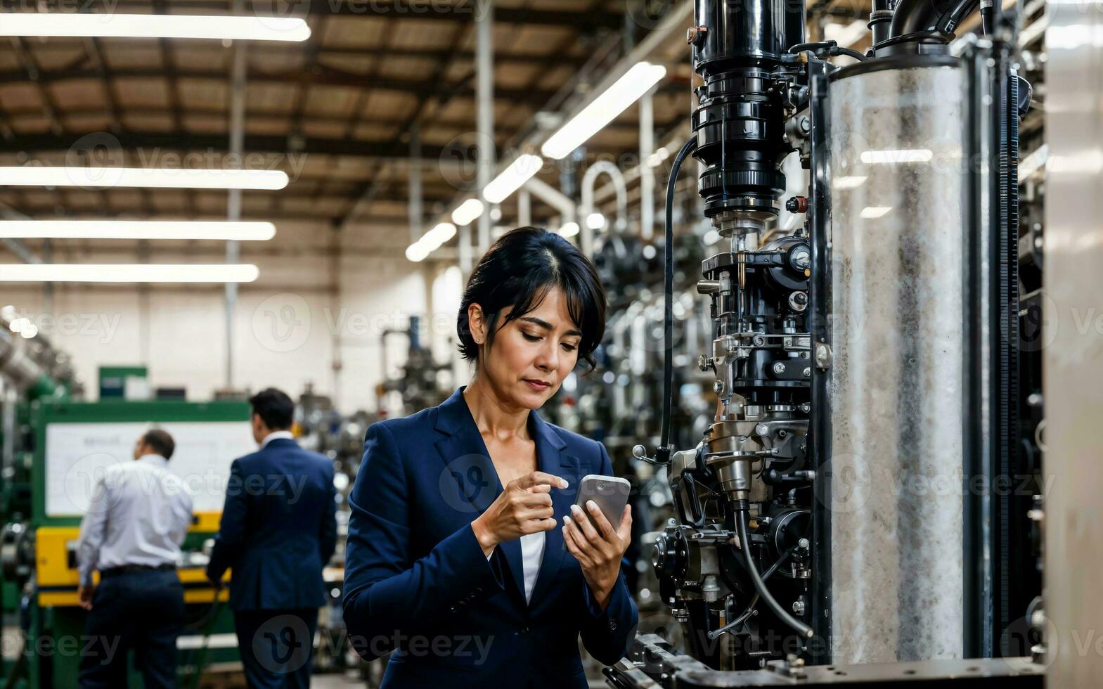 foto do trabalhando empreendedor mulher às fábrica com máquina e trabalhador, generativo ai