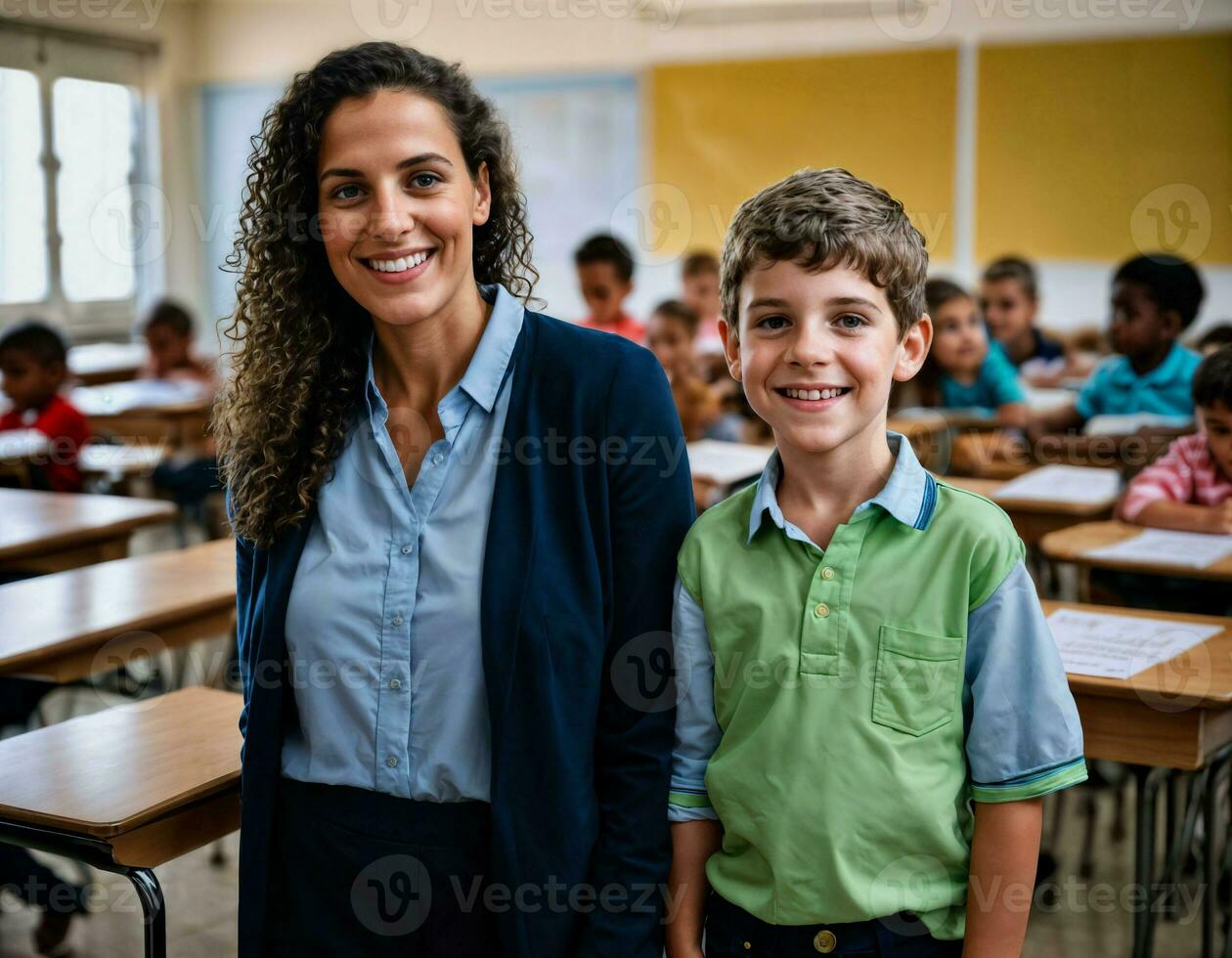 foto do feliz professor e crianças às escola sala, generativo ai