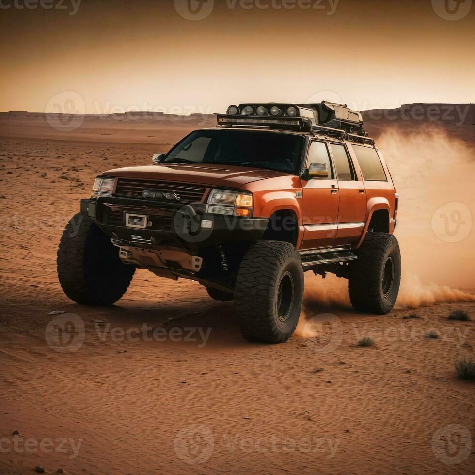 foto do caminhão dentro quente areia deserto, generativo ai