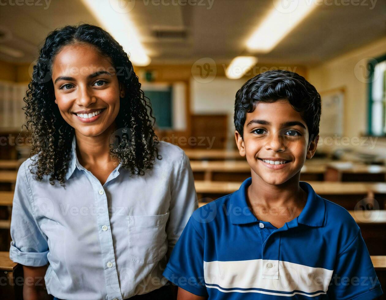 foto do feliz professor e crianças às escola sala, generativo ai